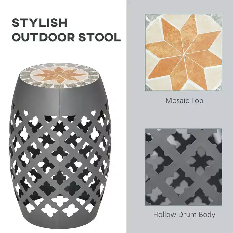 12 Patio Round Side Table, Outdoor Footstool, Garden Mosaic Accent Side Table, Plant Stand