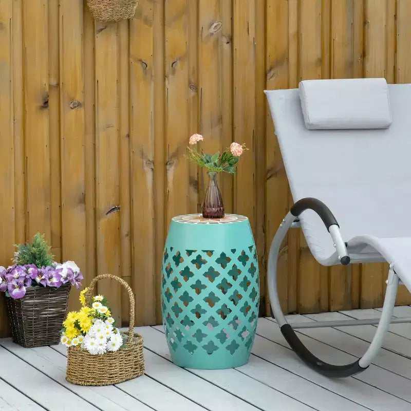12 Patio Round Side Table, Outdoor Footstool, Garden Mosaic Accent Side Table, Plant Stand