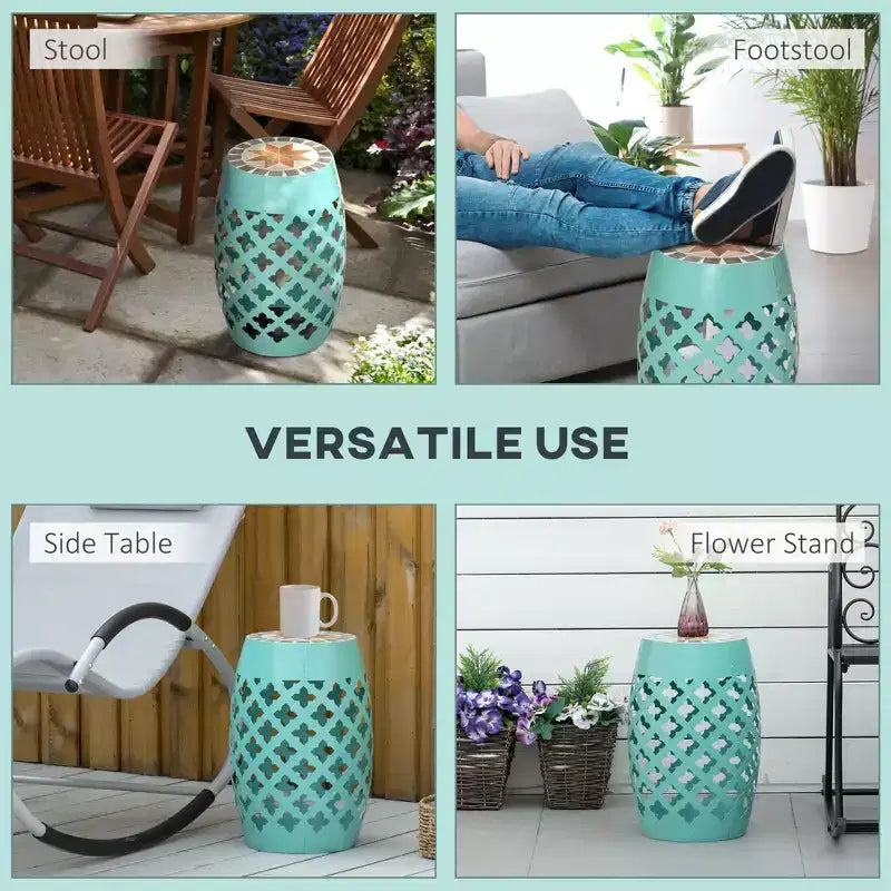 12 Patio Round Side Table, Outdoor Footstool, Garden Mosaic Accent Side Table, Plant Stand
