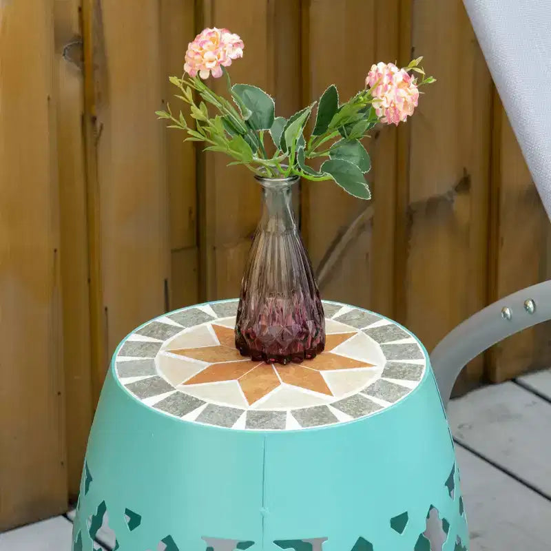12 Patio Round Side Table, Outdoor Footstool, Garden Mosaic Accent Side Table, Plant Stand