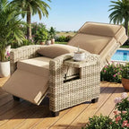 Poltrona reclinabile da esterno con schienale e poggiapiedi regolabili a 145°-Sdraio da giardino in vimini PE resistente alle intemperie con cuscino, tavolino per bordo piscina, terrazza e balcone