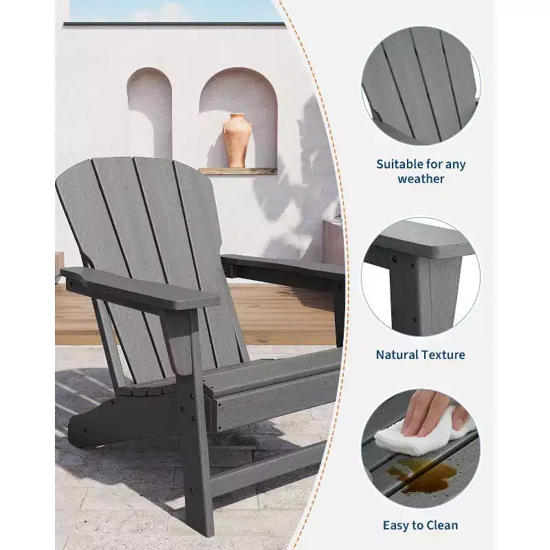 Set of 2 HDPE Folding Adirondack Patio Chairs with End Table, All Weather Outdoor Furniture for Backyard, Balcony, Poolside, Lawn, Fire Pit, Gray