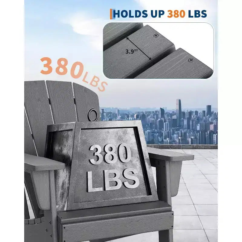 Set of 2 HDPE Folding Adirondack Patio Chairs with End Table, All Weather Outdoor Furniture for Backyard, Balcony, Poolside, Lawn, Fire Pit, Gray