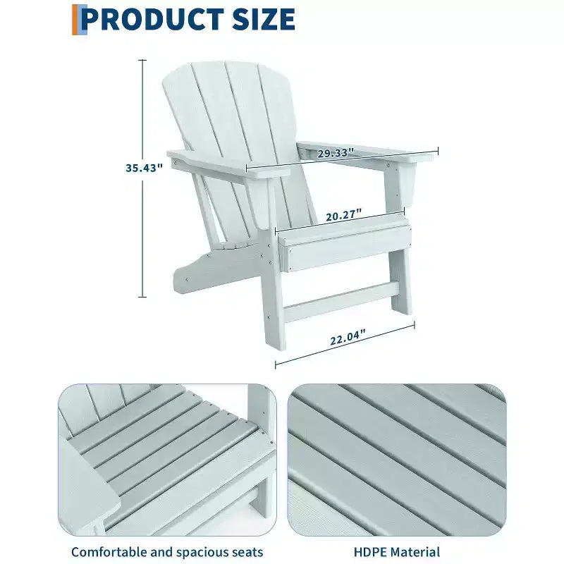 Set of 2 HDPE Folding Adirondack Patio Chairs with End Table, All Weather Outdoor Furniture for Backyard, Balcony, Poolside, Lawn, Fire Pit, Gray