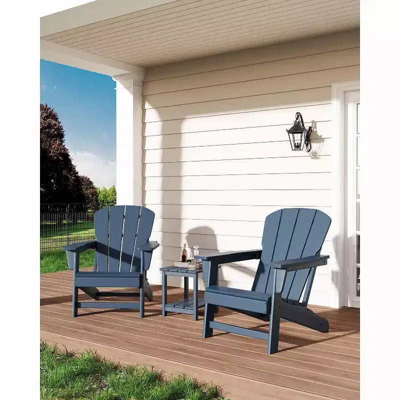Set of 2 HDPE Folding Adirondack Patio Chairs with End Table, All Weather Outdoor Furniture for Backyard, Balcony, Poolside, Lawn, Fire Pit, Gray