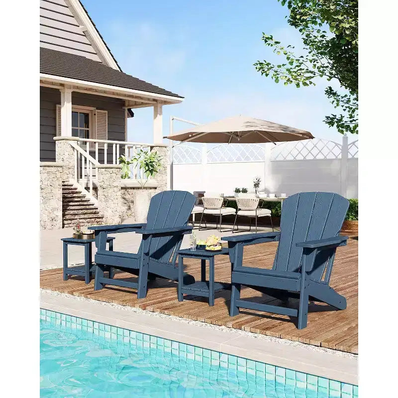 Set of 2 HDPE Folding Adirondack Patio Chairs with End Table, All Weather Outdoor Furniture for Backyard, Balcony, Poolside, Lawn, Fire Pit, Gray
