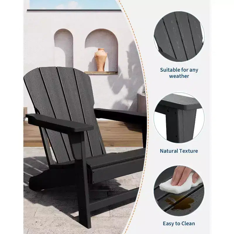 Set of 2 HDPE Folding Adirondack Patio Chairs with End Table, All Weather Outdoor Furniture for Backyard, Balcony, Poolside, Lawn, Fire Pit, Gray