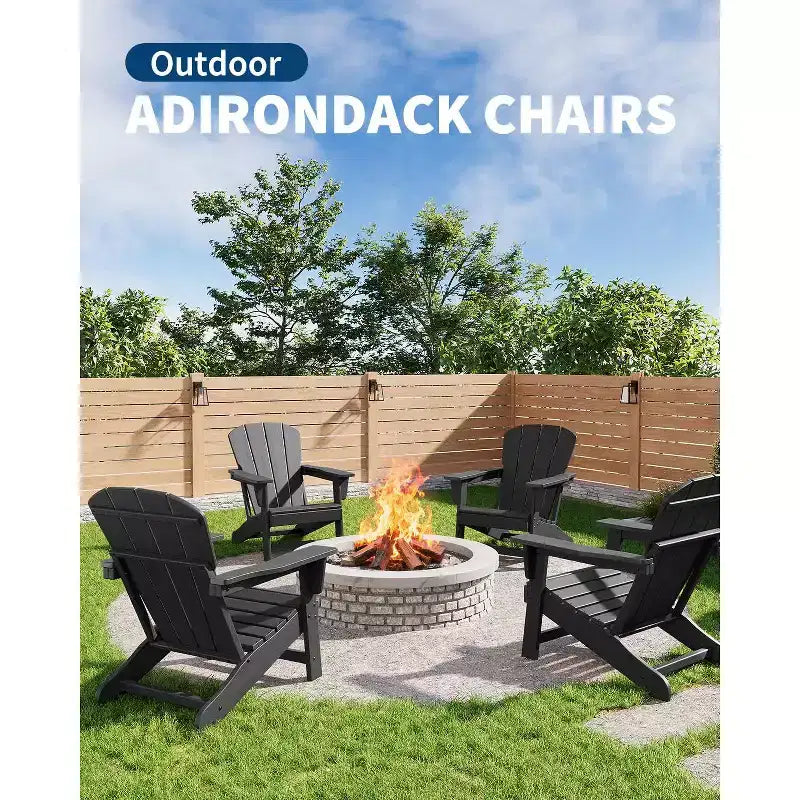 Set of 2 HDPE Folding Adirondack Patio Chairs with End Table, All Weather Outdoor Furniture for Backyard, Balcony, Poolside, Lawn, Fire Pit, Gray