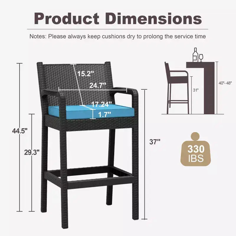 Set of 2 Outdoor Wicker Bar Stools,30 Bar Height Patio Barstools with Cushions,All-Weather Rattan Bar Chairs with Footrest for Backyard,Pool,Balcony