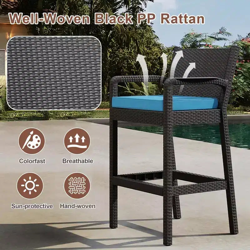 Set of 2 Outdoor Wicker Bar Stools,30 Bar Height Patio Barstools with Cushions,All-Weather Rattan Bar Chairs with Footrest for Backyard,Pool,Balcony