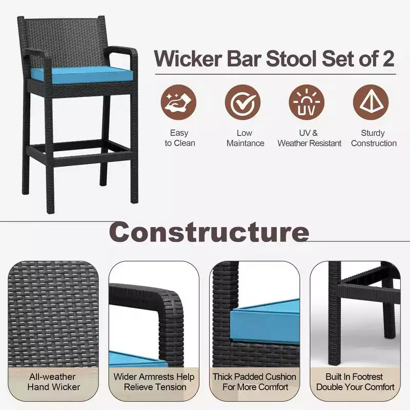 Set of 2 Outdoor Wicker Bar Stools,30 Bar Height Patio Barstools with Cushions,All-Weather Rattan Bar Chairs with Footrest for Backyard,Pool,Balcony