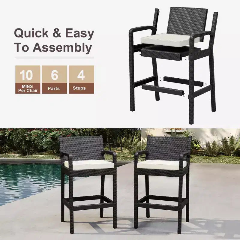 Set of 2 Outdoor Wicker Bar Stools,30 Bar Height Patio Barstools with Cushions,All-Weather Rattan Bar Chairs with Footrest for Backyard,Pool,Balcony