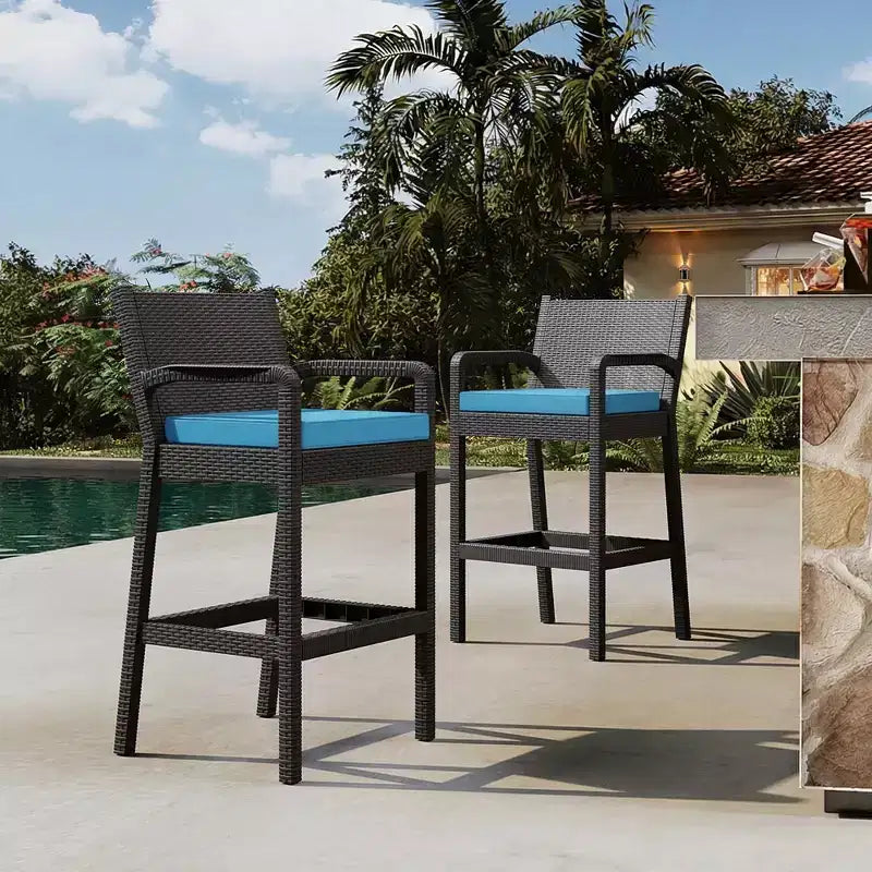 Set of 2 Outdoor Wicker Bar Stools,30 Bar Height Patio Barstools with Cushions,All-Weather Rattan Bar Chairs with Footrest for Backyard,Pool,Balcony