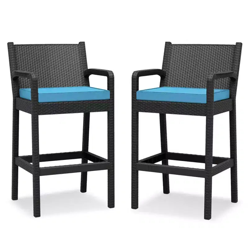 Set di 2 sgabelli da bar da esterno in vimini, sgabelli da bar da 76 cm con cuscini, sedie da bar in rattan per tutte le stagioni con poggiapiedi per cortile, piscina, balcone