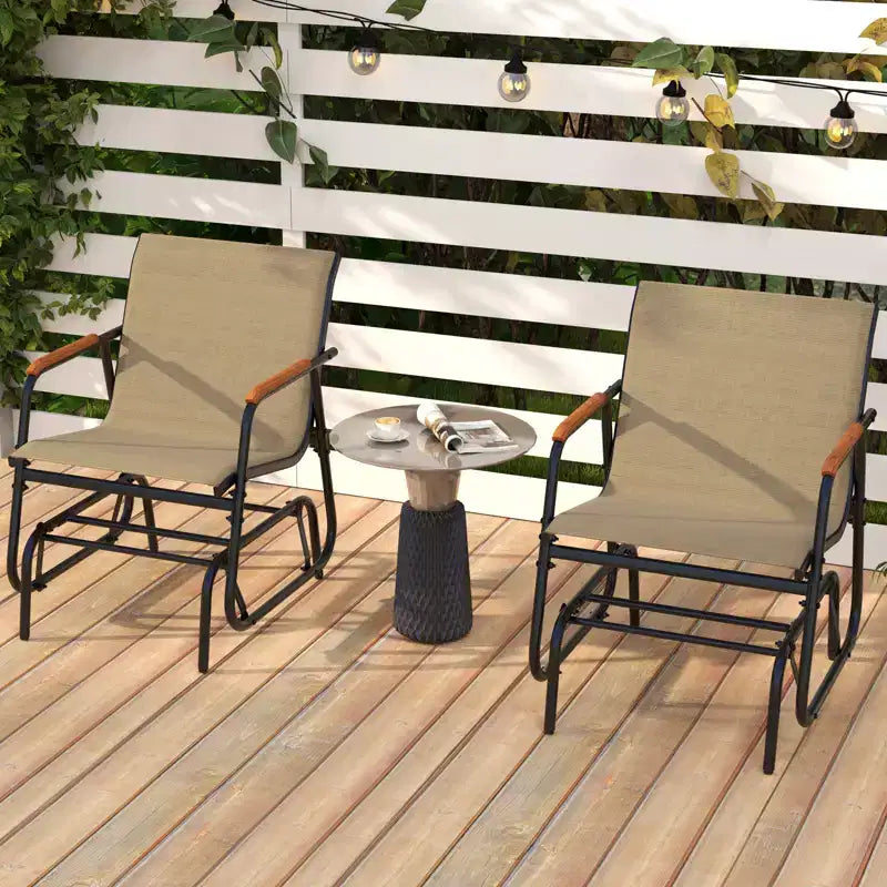 Costway Set di 2 Sedie a Dondolo da Esterno con Braccioli Curvi in Teak e Seduta in Tessuto Traspirante