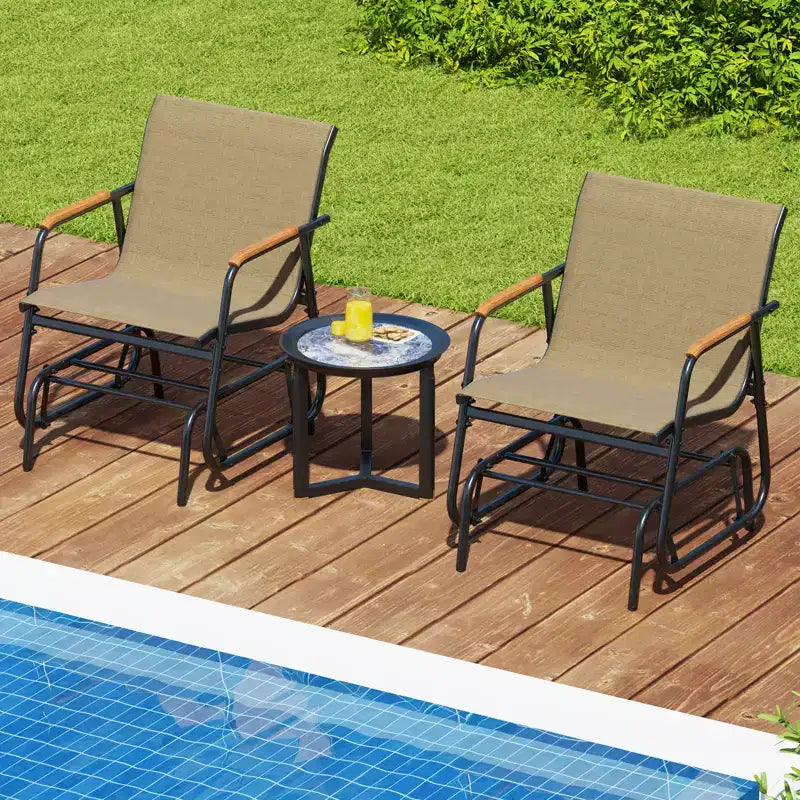 Costway Set di 2 Sedie a Dondolo da Esterno con Braccioli Curvi in Teak e Seduta in Tessuto Traspirante