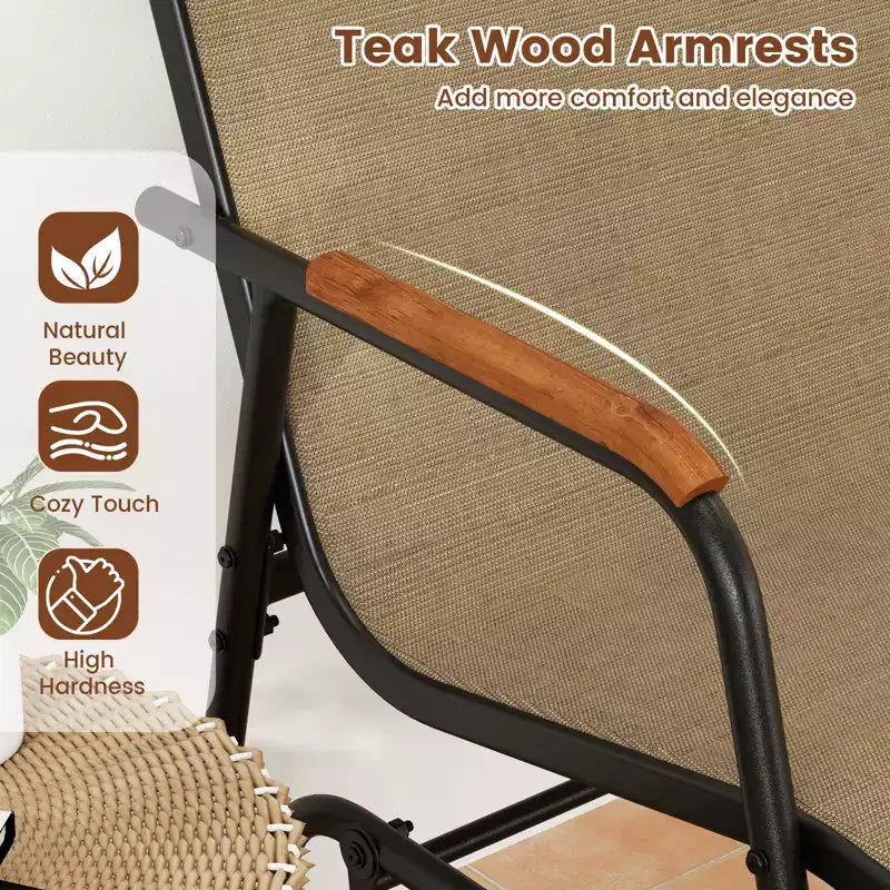 Costway Set di 2 Sedie a Dondolo da Esterno con Braccioli Curvi in Teak e Seduta in Tessuto Traspirante