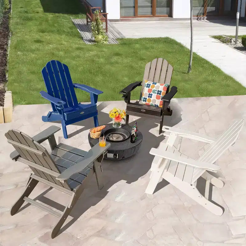 Costway Folding Patio Adirondack Chair Weather Resistant Cup Holder Yard Navy