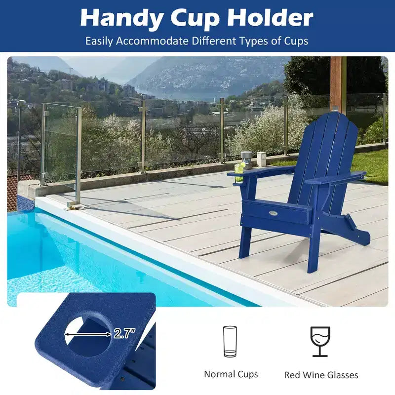 Costway Folding Patio Adirondack Chair Weather Resistant Cup Holder Yard Navy