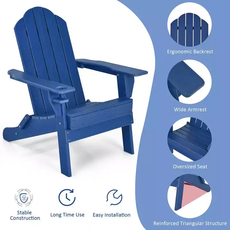 Costway Folding Patio Adirondack Chair Weather Resistant Cup Holder Yard Navy