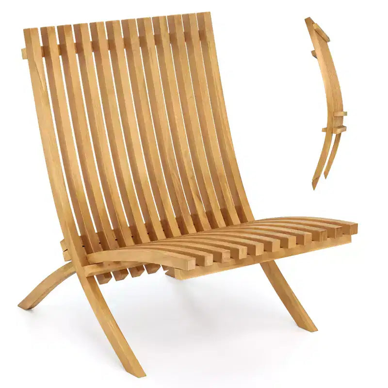 Costway Folding Patio Chair Teak Wood Outdoor Lounge Chair w/ Slatted Seat & Backrest