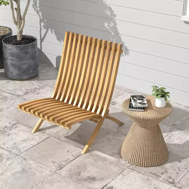 Costway Folding Patio Chair Teak Wood Outdoor Lounge Chair w/ Slatted Seat & Backrest