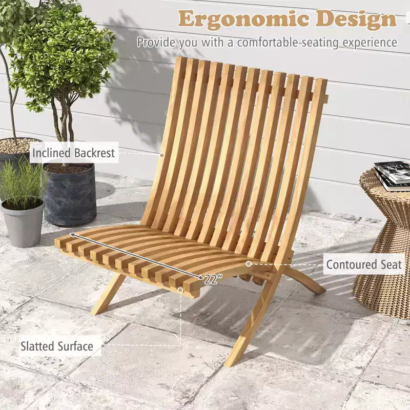 Costway Folding Patio Chair Teak Wood Outdoor Lounge Chair w/ Slatted Seat & Backrest