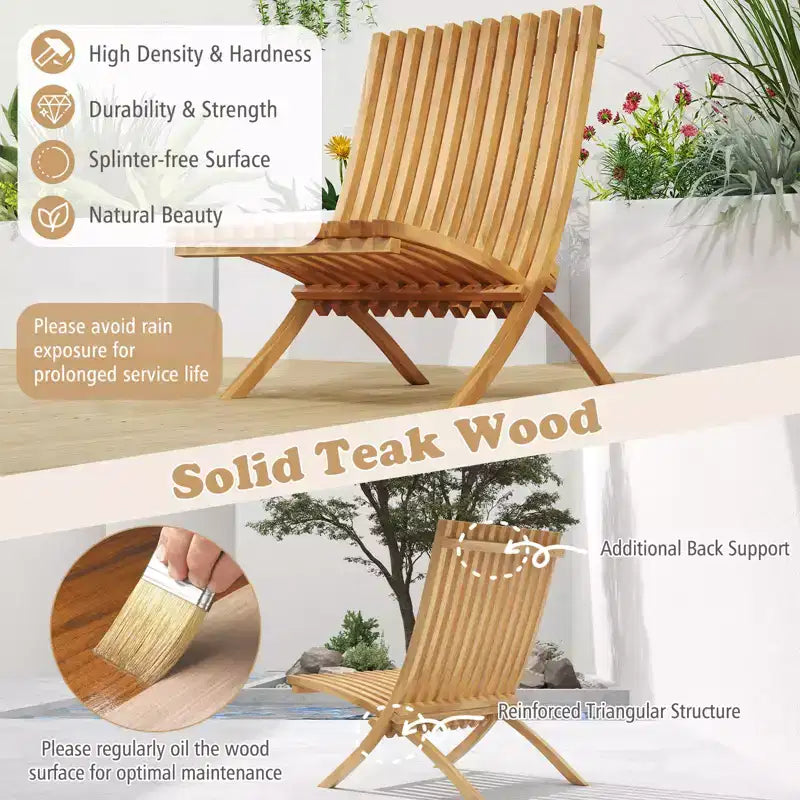 Costway Folding Patio Chair Teak Wood Outdoor Lounge Chair w/ Slatted Seat & Backrest