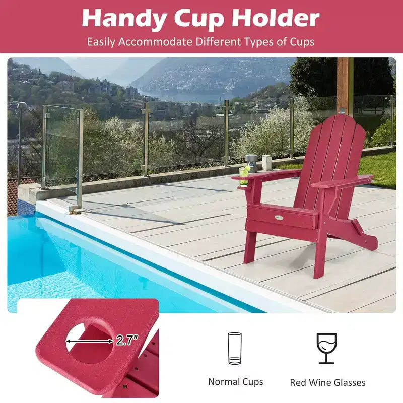 Costway Folding Patio Adirondack Chair Weather Resistant Cup Holder Yard Red