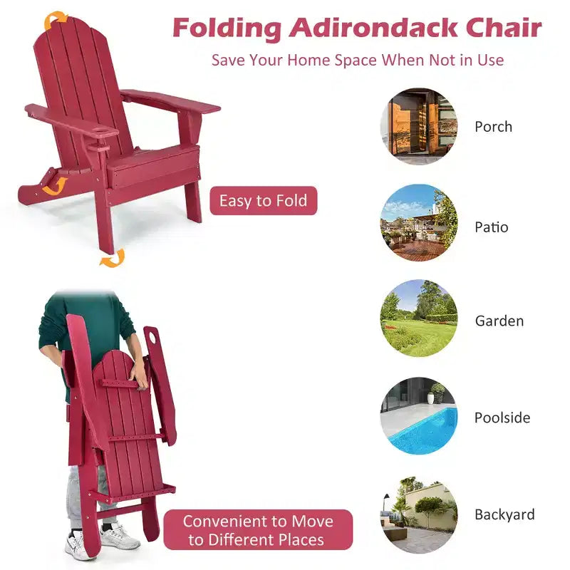 Costway 2PCS Patio Folding Adirondack Chair Weather Resistant Cup Holder Yard Red