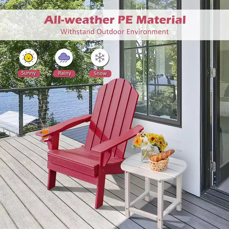 Costway 2PCS Patio Folding Adirondack Chair Weather Resistant Cup Holder Yard Red