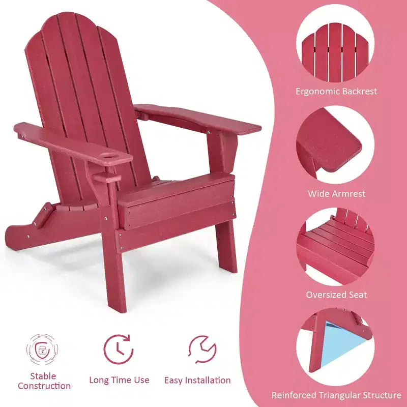 Costway 2PCS Patio Folding Adirondack Chair Weather Resistant Cup Holder Yard Red