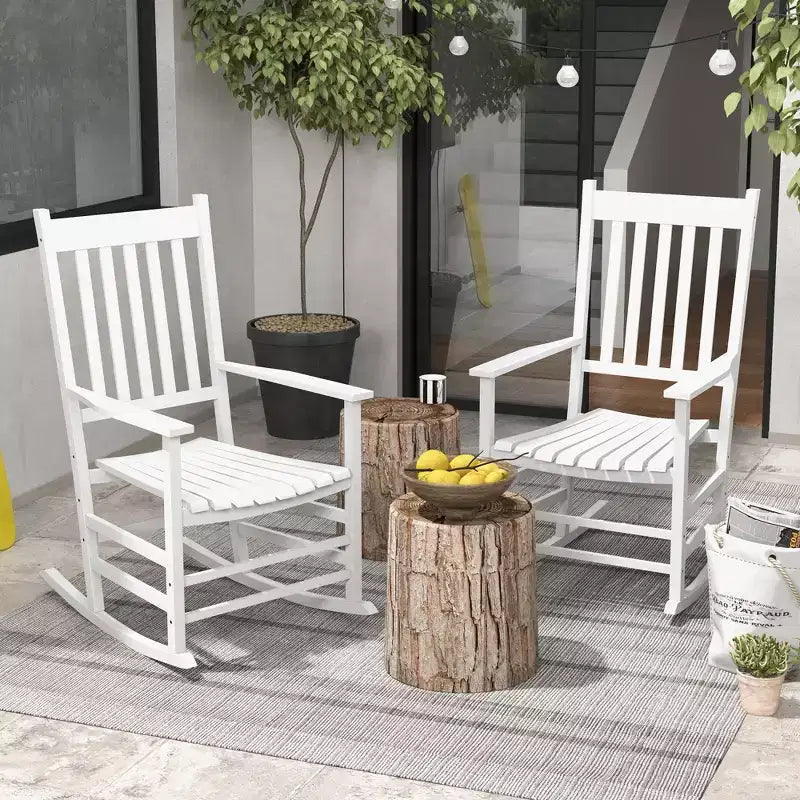 Set di 2 sedie a dondolo da esterno, sedia a dondolo da patio in legno con braccioli lisci, schienale alto per giardino, balcone, portico, supporta fino a 160 kg