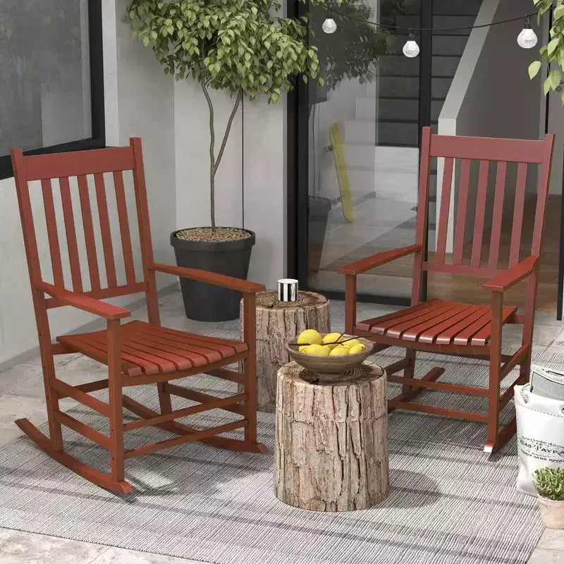 Set di 2 sedie a dondolo da esterno, sedia a dondolo da patio in legno con braccioli lisci, schienale alto per giardino, balcone, portico, supporta fino a 160 kg