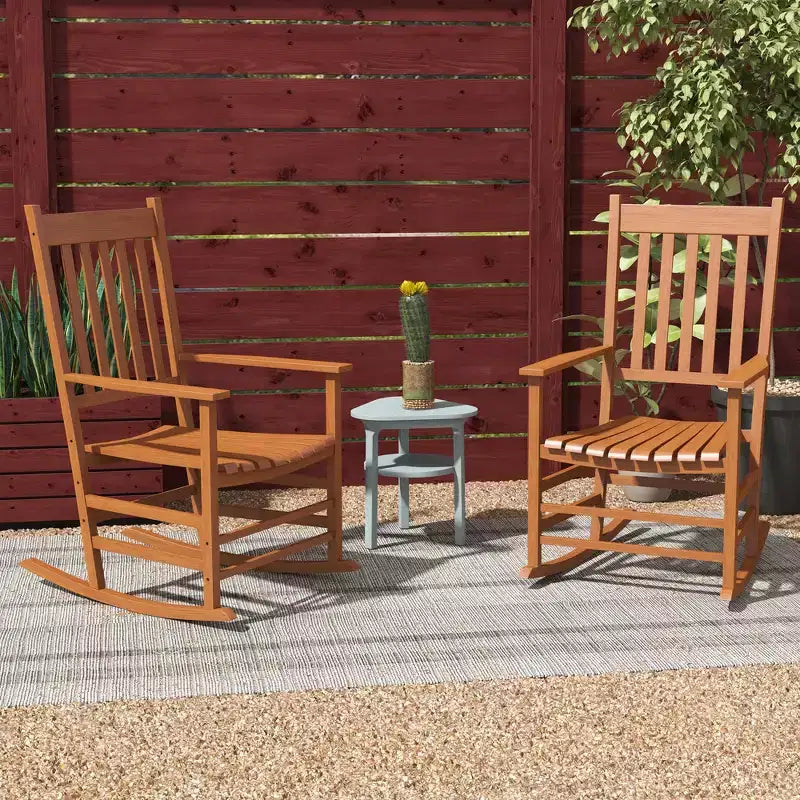 Set di 2 sedie a dondolo da esterno, sedia a dondolo da patio in legno con braccioli lisci, schienale alto per giardino, balcone, portico, supporta fino a 160 kg