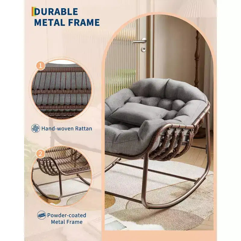 Sedia a Dondolo Oversize Papasan COZONY, Comoda Sedia a Uovo a Dondolo con Cuscino, Sedia a Dondolo da 204 kg per Patio, Portico, Giardino, Camera da Letto, Prato