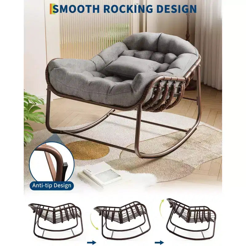 Sedia a Dondolo Oversize Papasan COZONY, Comoda Sedia a Uovo a Dondolo con Cuscino, Sedia a Dondolo da 204 kg per Patio, Portico, Giardino, Camera da Letto, Prato