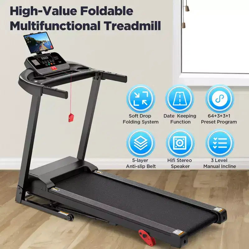 3.75HP Folding Treadmill for Home w/ Incline 300LB Capacity,Portable Walking Running Treadmill,71 Program,7.5MPH Fast Speed,Wide Shock Absorption Belt