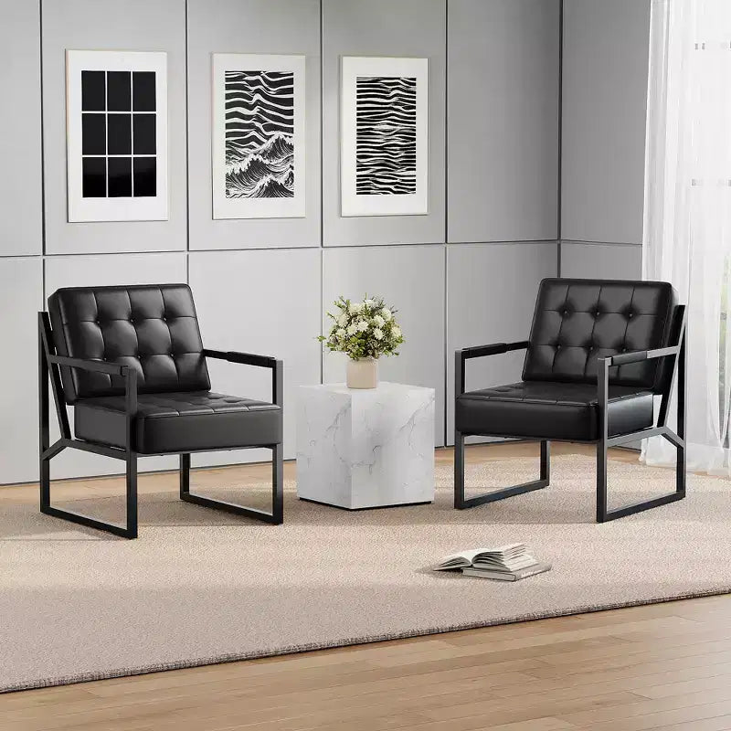 PU Leather Mid-Century Modern Accent Chair with Thick Cushion & Metal Legs, for Living Room/Bedroom/Office, Black, Single/2-Pack