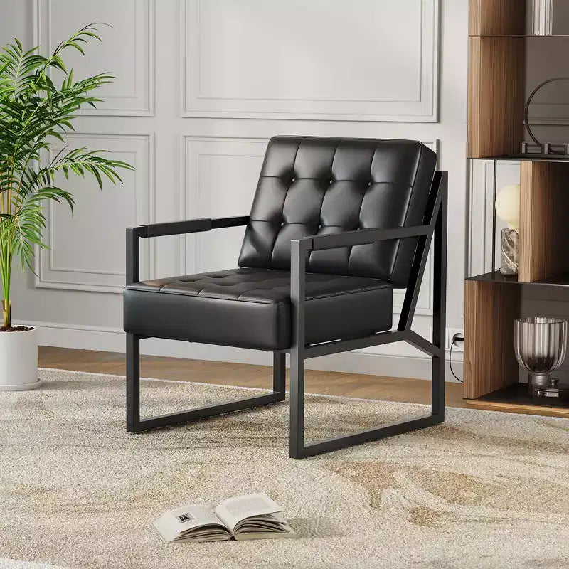 PU Leather Mid-Century Modern Accent Chair with Thick Cushion & Metal Legs, for Living Room/Bedroom/Office, Black, Single/2-Pack