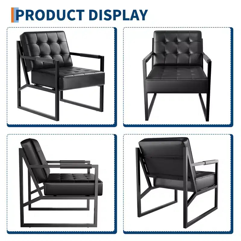 PU Leather Mid-Century Modern Accent Chair with Thick Cushion & Metal Legs, for Living Room/Bedroom/Office, Black, Single/2-Pack