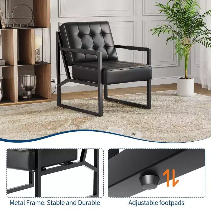 PU Leather Mid-Century Modern Accent Chair with Thick Cushion & Metal Legs, for Living Room/Bedroom/Office, Black, Single/2-Pack