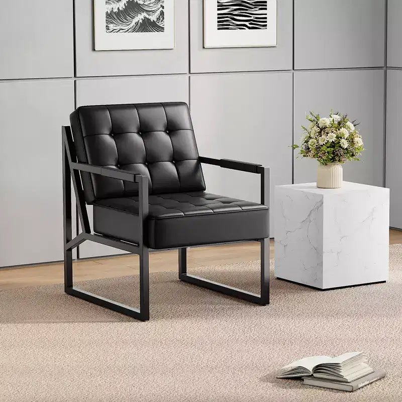 PU Leather Mid-Century Modern Accent Chair with Thick Cushion & Metal Legs, for Living Room/Bedroom/Office, Black, Single/2-Pack