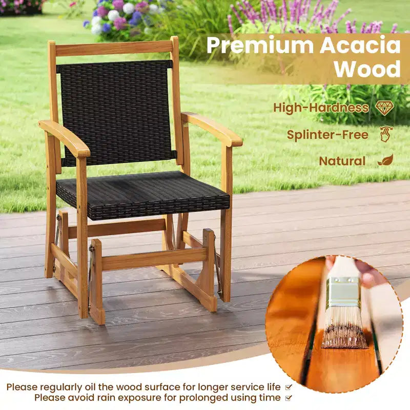 Costway Poltrona Dondolo da Giardino in Rattan con Telaio in Legno di Acacia, Sedile e Schienale in Vimini e Braccioli