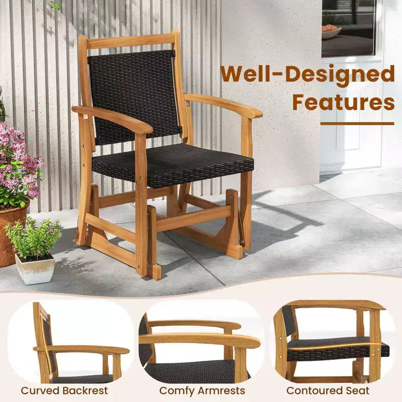 Costway Poltrona Dondolo da Giardino in Rattan con Telaio in Legno di Acacia, Sedile e Schienale in Vimini e Braccioli