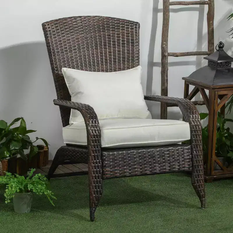 Outsunny Patio Adirondack Chair with All-Weather Rattan Wicker, Soft Cushions, Tall Curved Backrest for Deck or Garden, Cream White