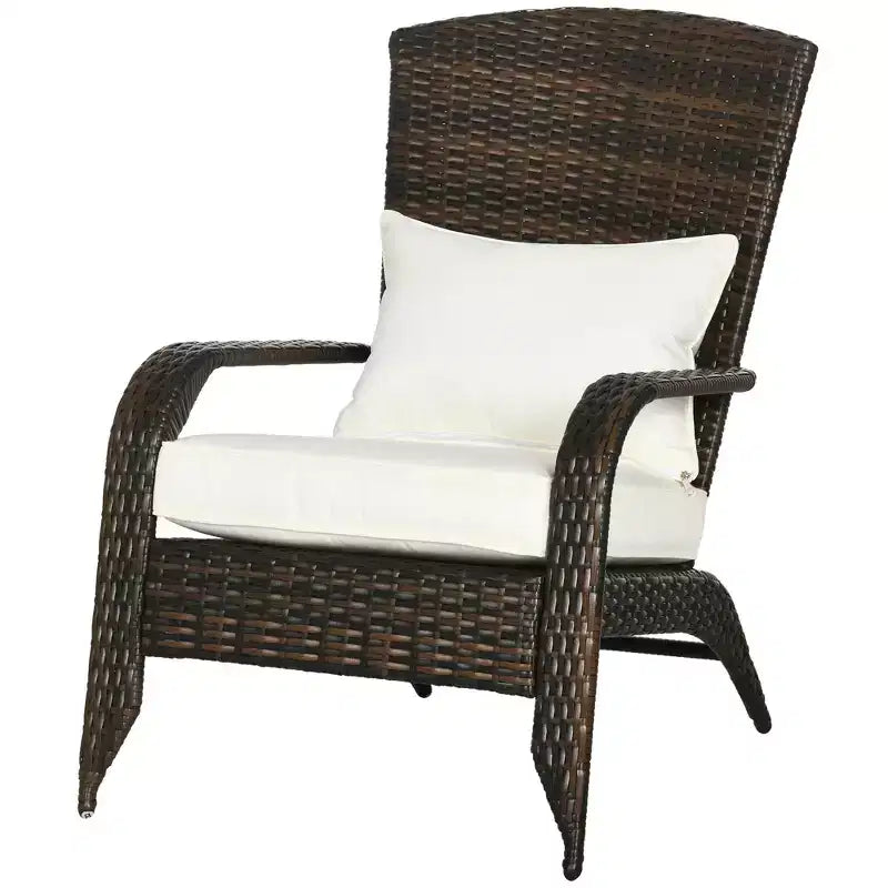 Outsunny Patio Adirondack Chair with All-Weather Rattan Wicker, Soft Cushions, Tall Curved Backrest for Deck or Garden, Cream White