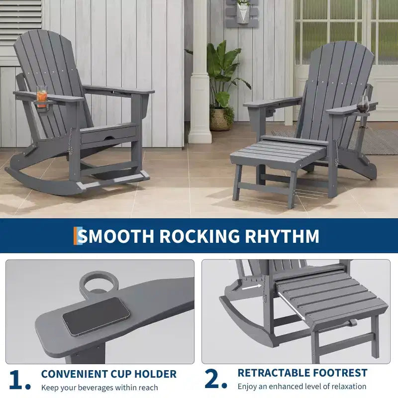 Sedia a dondolo pieghevole Adirondack per esterni, sdraio in HDPE per tutte le stagioni, resistente, con portabicchieri a scomparsa e pouf per giardino
