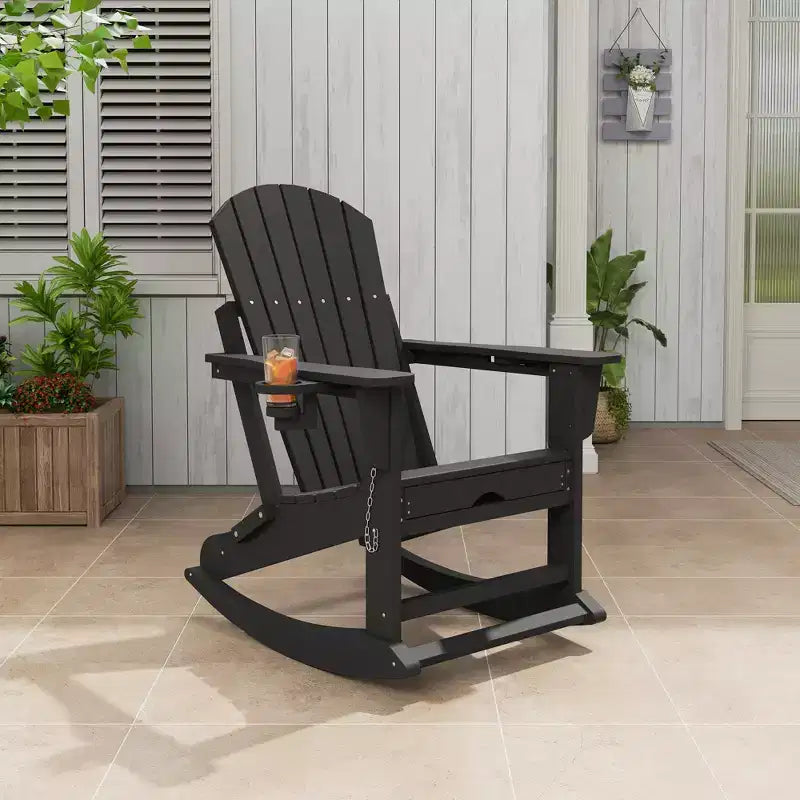 Sedia a dondolo pieghevole Adirondack per esterni, sdraio in HDPE per tutte le stagioni, resistente, con portabicchieri a scomparsa e pouf per giardino