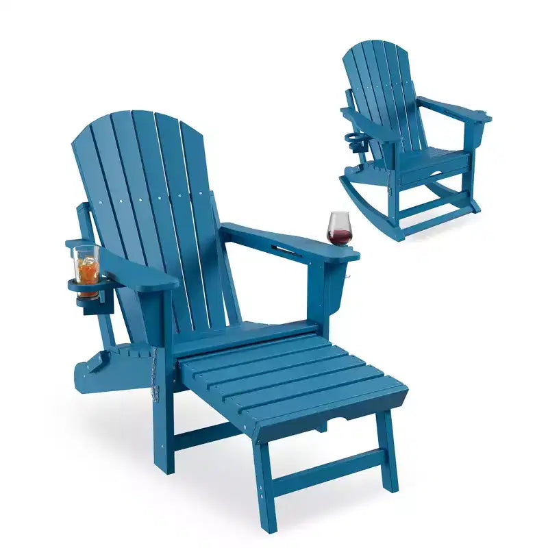 Sedia a dondolo pieghevole Adirondack per esterni, sdraio in HDPE per tutte le stagioni, resistente, con portabicchieri a scomparsa e pouf per giardino